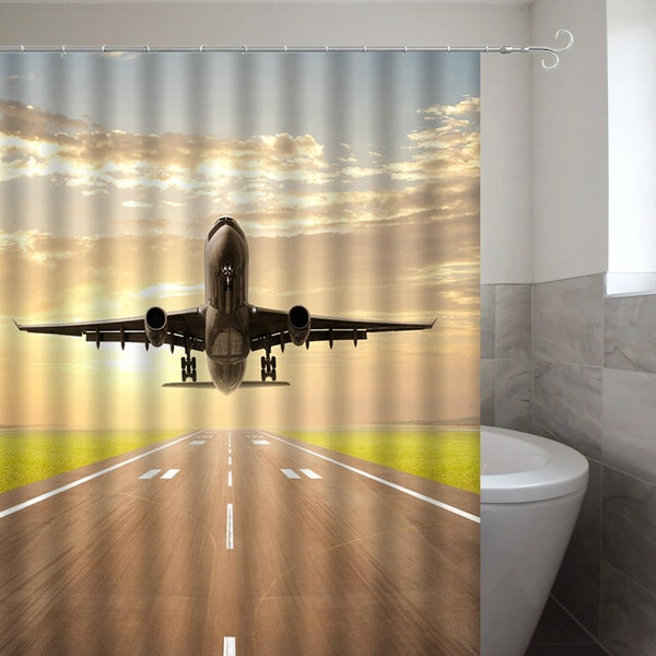 Airplane Shower Curtain Aircraft Pilot Bath Decor Flying Theme Waterproof Washable Polyester Fabric Bathroom Curtains with Hooks