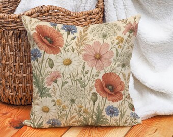 Wildflower Pillow Cover, Vintage Botanical Cushion, Poppy Daisy Floral Throw Pillow, Cottagecore Garden Decor, Rustic Spring Home Accent