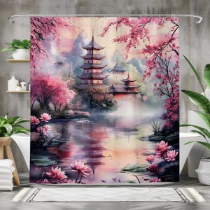 Japanese Garden Pagoda Shower Curtain, Waterproof Fabric Bath Curtain, Tranquil Cherry Blossom and Lotus Bathroom Decor