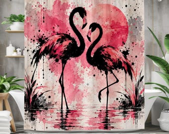 Pink Flamingo Shower Curtain, Watercolor Tropical Bird Bathroom Decor, Flamingo Couple Art, Boho Coastal Bath Curtain, Pink Black Decor