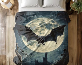 Gothic Bat Moon Flannel Fleece Blanket – Spooky Wildlife Throw for Bed, Sofa, or Halloween Decor – Soft, Warm & Machine Washable
