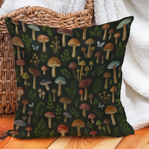 Cushion Cover with Whimsical Mushrooms and Ferns, Dark Forest Throw Pillow Cover for Nature Decor, Cottagecore Woodland Fungi Accent
