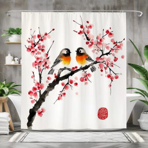 Cherry Blossom Shower Curtain with Birds, Asian Watercolor Bathroom Decor, Elegant Zen Bath Art, Oriental Nature Shower Gift for Her