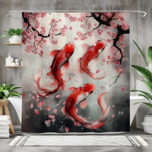 Koi Fish Shower Curtain with Cherry Blossom Design, Japanese Zen Bathroom Decor, Elegant Red Fish Polyester Curtain in Multiple Sizes