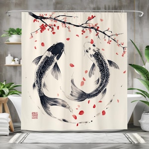 Koi Fish Shower Curtain, Waterproof Fabric Bath Curtain, Japanese Ink Art Bathroom Decor, Zen Koi and Cherry Blossom Design