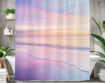 Rideau de douche pastel coucher de soleil sur la plage, décoration de salle de bain dégradé océan, art serein de l'horizon côtier, cadeau apaisant de la mer aquarelle pour la détente