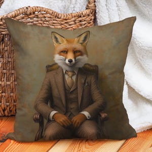 Dapper Fox Cushion Cover – Vintage Fox Throw Pillow – Animal Art Pillow Cover – Rustic Home Decor – Unique Woodland Animal Gift