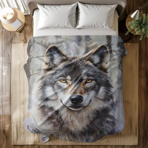 Gray Wolf Flannel Fleece Blanket – Majestic Wildlife Throw for Bed
