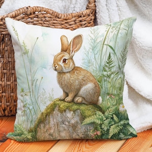 Woodland Bunny Pillow Cover, Watercolor Rabbit Cushion, Forest Animal Throw Pillow, Rustic Nature Decor, Cottagecore Easter Home Accent