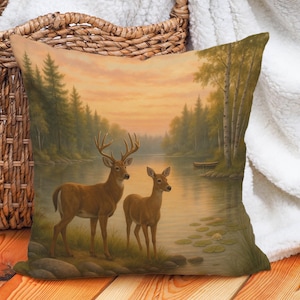 Deer Throw Pillow Cover with Buck and Doe at Lake Sunset, Woodland Cabin Decor, Nature Wildlife Art Cushion for Cozy Lodge Style