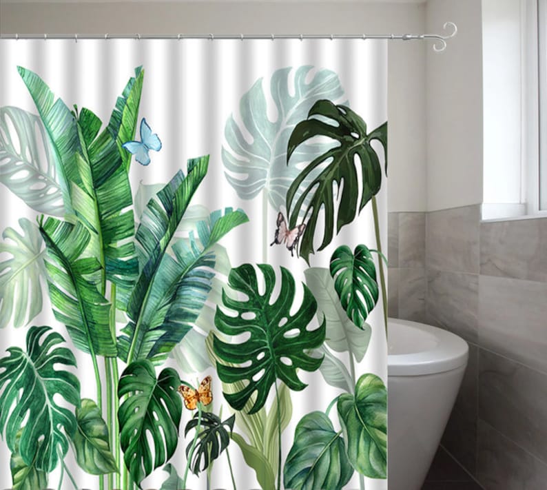 Tropical Shower Curtain Green Leaves Tropical Plants Bath Decor