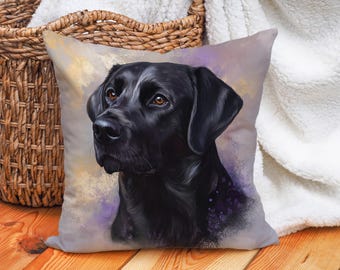 May include: A black Labrador Retriever dog with a purple and gold background. The dog is looking to the left of the image. The dog is on a throw pillow.