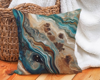 Blue Marble Cotton Linen Throw Pillow Cover, Abstract Artistic Pillowcase, Decorative Cushion Cover,  Sofa or Bed, Teal, Brown, Beige, Aqua
