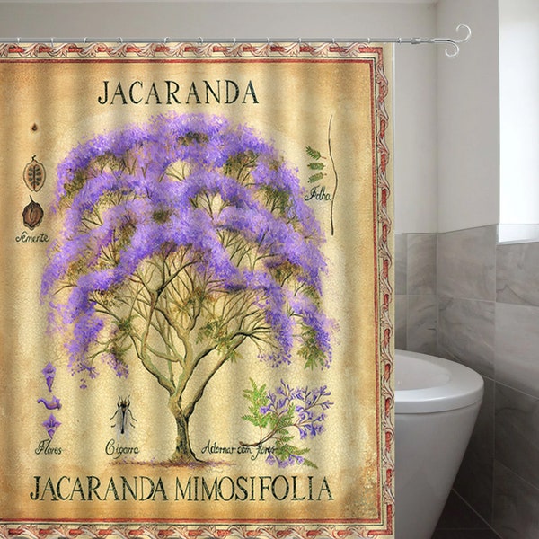 Botanical Shower Curtain Jacaranda Blooming Tree Bath Decor Floral Waterproof Washable Polyester Fabric Bathroom Curtains with Hooks