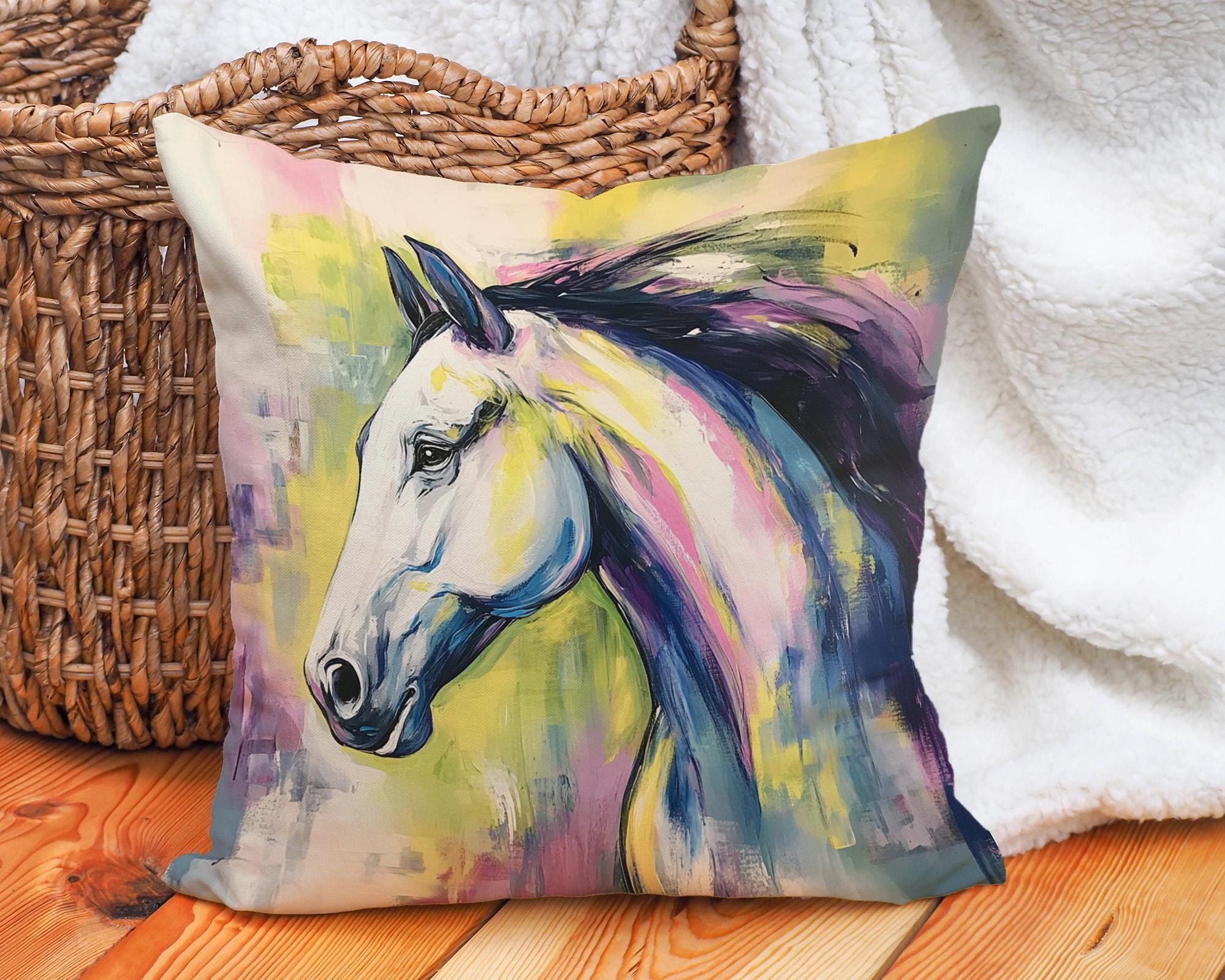 Copricuscino Decorativo 45x45 Cm Con Cavallo Ad Acquerello - Cotone E Lino Per Divano E Camera