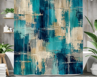 Teal Abstract Shower Curtain, Navy Blue and Beige Modern Art Bathroom Decor, Turquoise Geometric Brushstroke Design