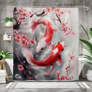 Koi Fish and Cherry Blossoms Waterproof Fabric Shower Curtain, Asian-Inspired Bath Curtain for Bathroom Decor, Zen Garden Bathroom Accessory