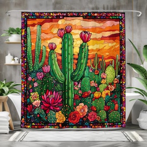 Cactus Stained Glass art Bath Curtain - Southwestern Bathroom Decor - Waterproof Fabric Shower Curtain - Vibrant Desert Floral Design
