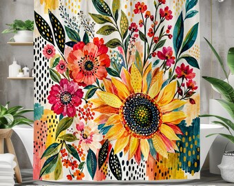 Colorful Sunflower Shower Curtain, Whimsical Wildflower Garden Art, Boho Floral Bathroom Decor, Bright Flowers, Eclectic Cottagecore