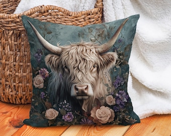Highland Cow Decorative Throw Pillow Cover with Floral Design – Rustic Farmhouse Accent Cushion for Living Room, Bedroom, or Unique Gift