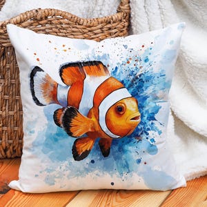 Clownfish Throw Pillow Cover with Watercolor Splash Design, Ocean Animal Cushion Case for Beach House Decor, Marine Gift, or Coastal Accent