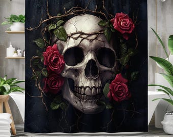 Skull and Roses Shower Curtain, Gothic Floral Bathroom Decor, Dark Waterproof Fabric Curtain, Large Shower Curtain with Skull Rose Design