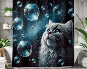 Galaxy Cat Shower Curtain with Cosmic Bubbles, Fantasy Space Bathroom Decor, Blue Night Sky Cat Art Polyester Curtain, Multiple Sizes