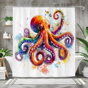 May include: A watercolor painting of an octopus with vibrant colors, including orange, purple, and blue. The octopus is depicted with its tentacles outstretched, creating a dynamic and colorful composition.