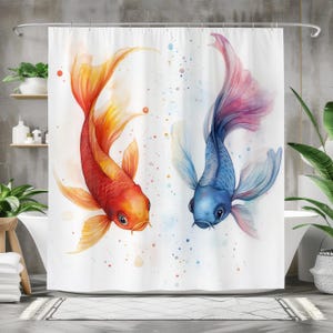 Rideau de douche poissons koi colorés, rideau de bain en tissu imperméable, décoration de poissons aquarelle vibrante, design artistique sur le thème de l&#39;océan, touche zen