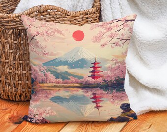 Mount Fuji Throw Pillow Cover, Cotton Linen Japanese Pillowcase, Sakura Cherry Blossom Cushion, Pagoda Decorative Pillow for Living Room