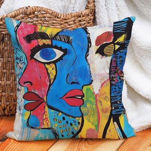 Colorful Graffiti Art Throw Pillow Cover - Abstract Face Design, Cotton Linen Decorative Pillowcase, Urban Decor Cushion for Couch, Bed