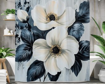 Lotus Shower Curtain - Black & White Floral Print Bathroom Decor Set With Hooks, 70x70 Inches - View #3