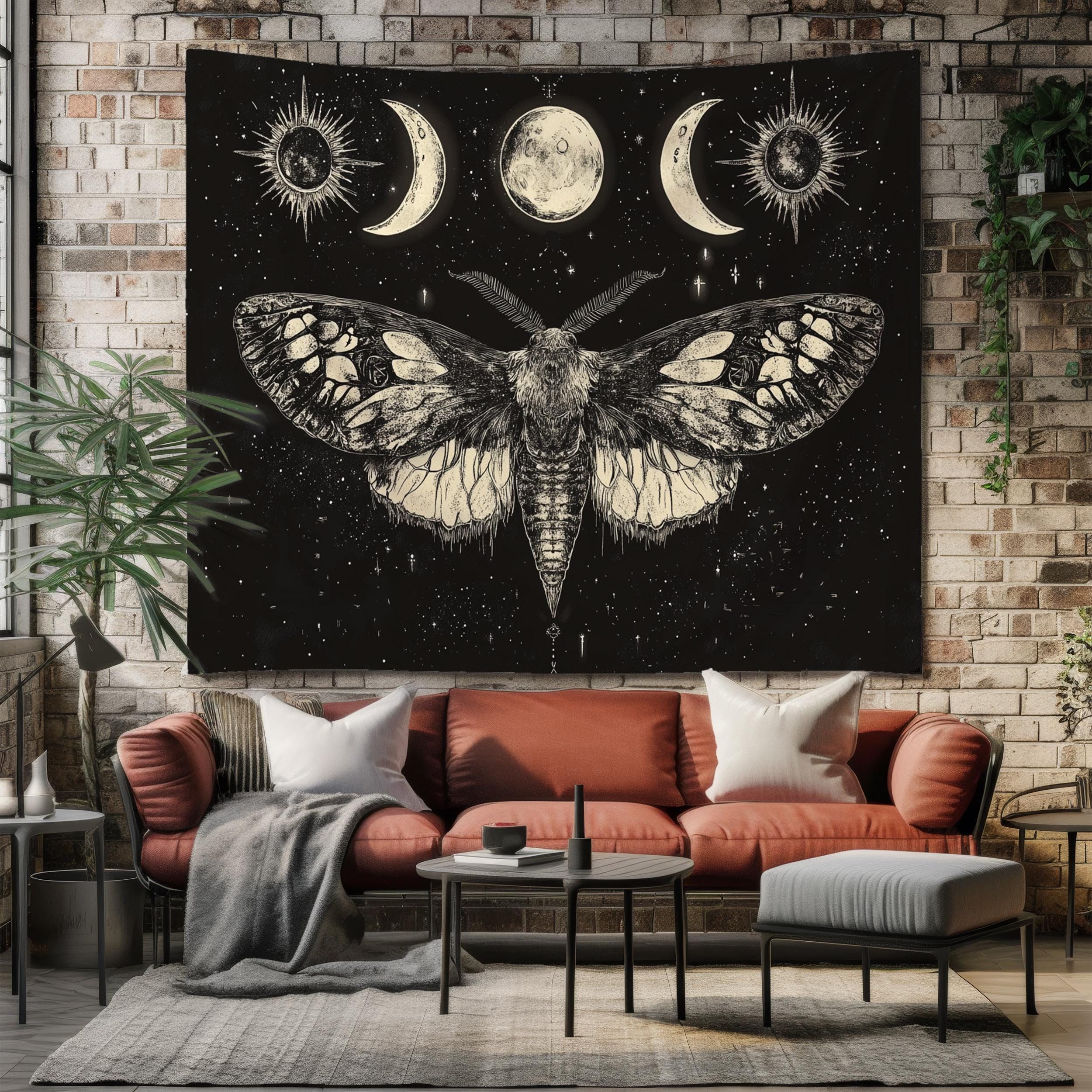 Moth and Moon Phases Wall Hanging Tapestry, Gothic Boho Lunar Cycle ...
