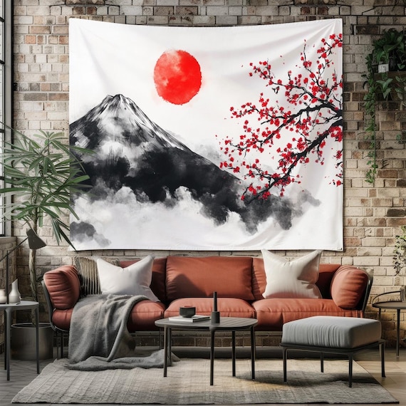 Japanese Cherry Blossom Mountain Tapestry, Red Sun Wall Hanging