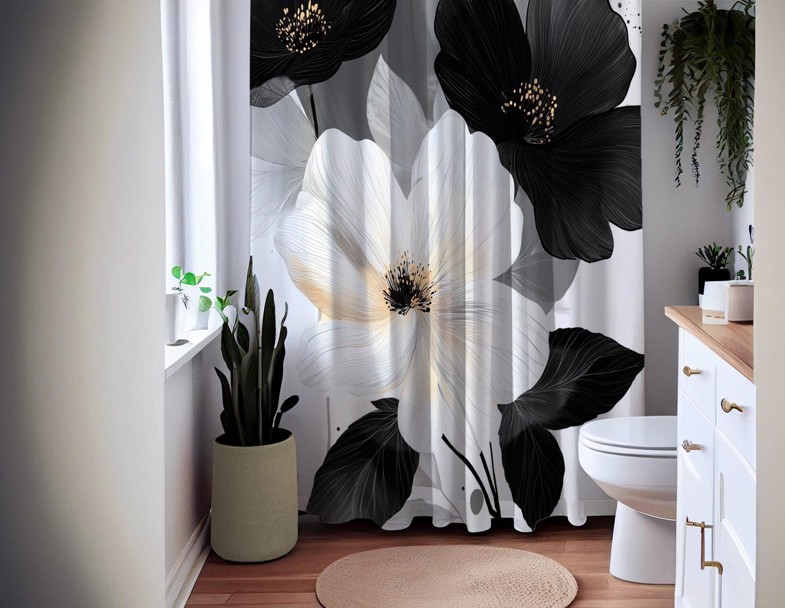 Elegant Black and White Floral Shower Curtain, Modern Minimalist Flower ...