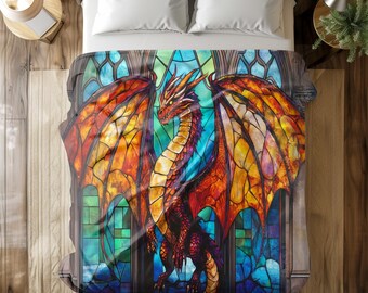 Couverture art dragon en vitrail - jeté design dragon rouge et orange majestueux pour canapé, lit ou cadeau - oeuvre d'art chaleureuse, confortable et vibrante