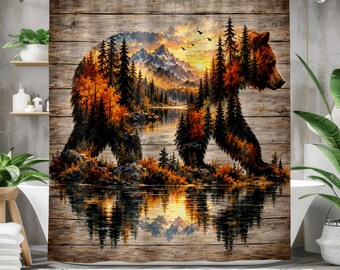 Bear Shower Curtain, Rustic Mountain Wilderness Decor, Autumn Forest Lake Art, Cabin Bathroom Decor, Woodland Nature Bath Curtain