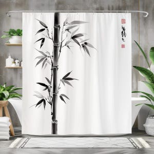 Elegant Japanese Bamboo Shower Curtain, Waterproof Fabric Bath Curtain, Zen Bathroom Decor, Minimalist Black and White Asian Art Design