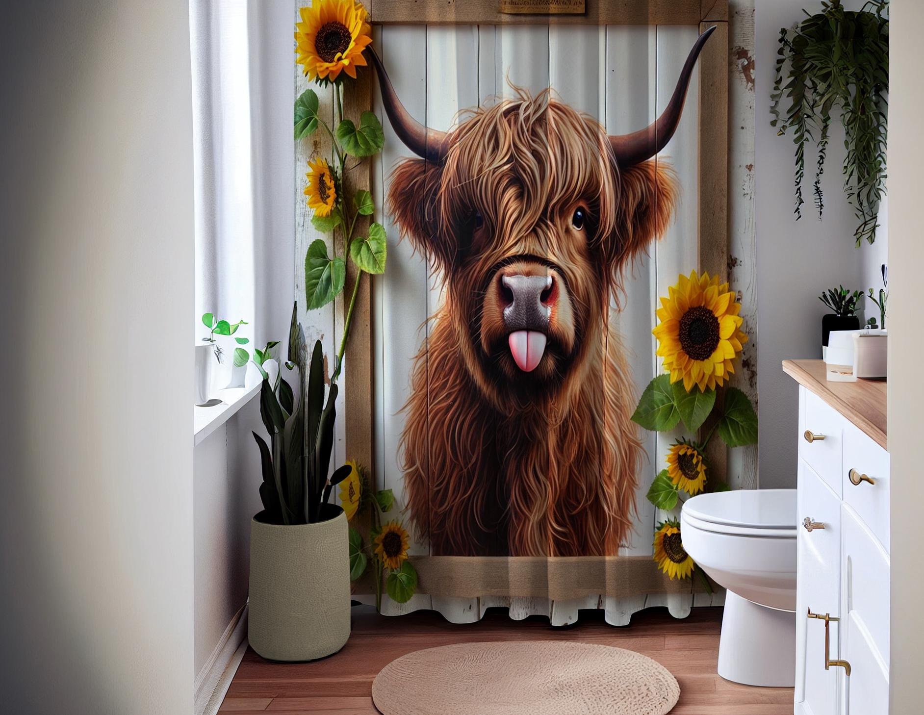 Highland Tenda Doccia Rustica 178x178 Cm: Con Animali Fattoria, Girasoli E Farfalle - Poliestere Con Ganci