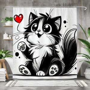 Cortina de ducha con bonito gato en blanco y negro, cortina de baño de tela impermeable, adorable diseño de gatito de dibujos animados, divertida decoración de baño con animales