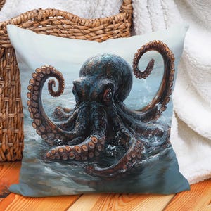 Nautical Octopus Cushion Cover, Marine-Themed Throw Pillow Cover, Cotton Linen Pillowcase with Ocean Design, Decorative Accent Coastal Decor