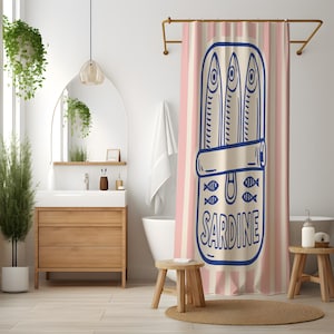 Sardin duschdraperi – Retro rosa ränder och marinblå popkonstdesign, vattentätt polyestertyg, rolig badrumsdekor, flera storlekar bild 7