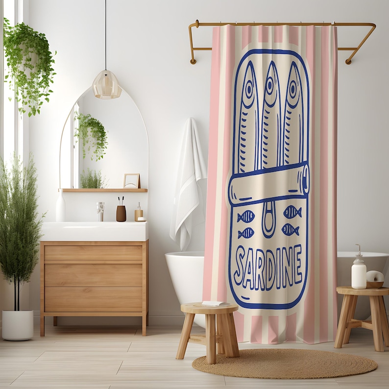 Sardin duschdraperi – Retro rosa ränder och marinblå popkonstdesign, vattentätt polyestertyg, rolig badrumsdekor, flera storlekar bild 7