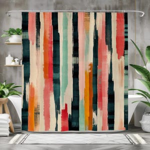 Peut inclure: Rideau de douche abstrait avec des rayures verticales dans des tons de rose, orange, turquoise et noir. Le fond est de couleur cr&egrave;me.