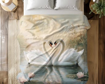 Elegant Swan Blanket – Romantic Swan Couple with Lotus Flowers Design – Soft and Cozy Throw for Relaxation, Home Decor, and Gift
