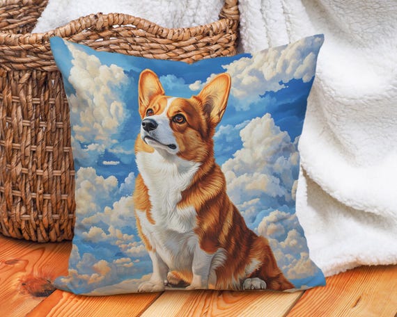 Corgi in Clouds Pillow Cover: Whimsical Dog Art Cushion New