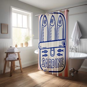 Sardin duschdraperi – Retro rosa ränder och marinblå popkonstdesign, vattentätt polyestertyg, rolig badrumsdekor, flera storlekar bild 4