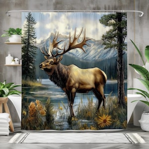 Majestätischer Elch Duschvorhang, wasserdichter Stoff-Badevorhang, rustikales Wildtierdruck, von der Natur inspiriertes Badezimmerdekor, Bergwald-Thema