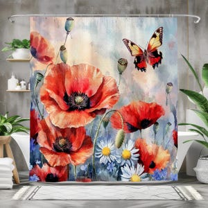 Floral Butterfly and Poppies Shower Curtain, Waterproof Fabric Bath Curtain, Vibrant Bathroom Decor, Poppy Flowers Design