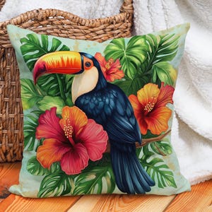 Kussenhoes tropische toekan met decoratieve hibiscusbloemen sierkussen voor zomerse sfeer en boho-woonkamerdecoratie